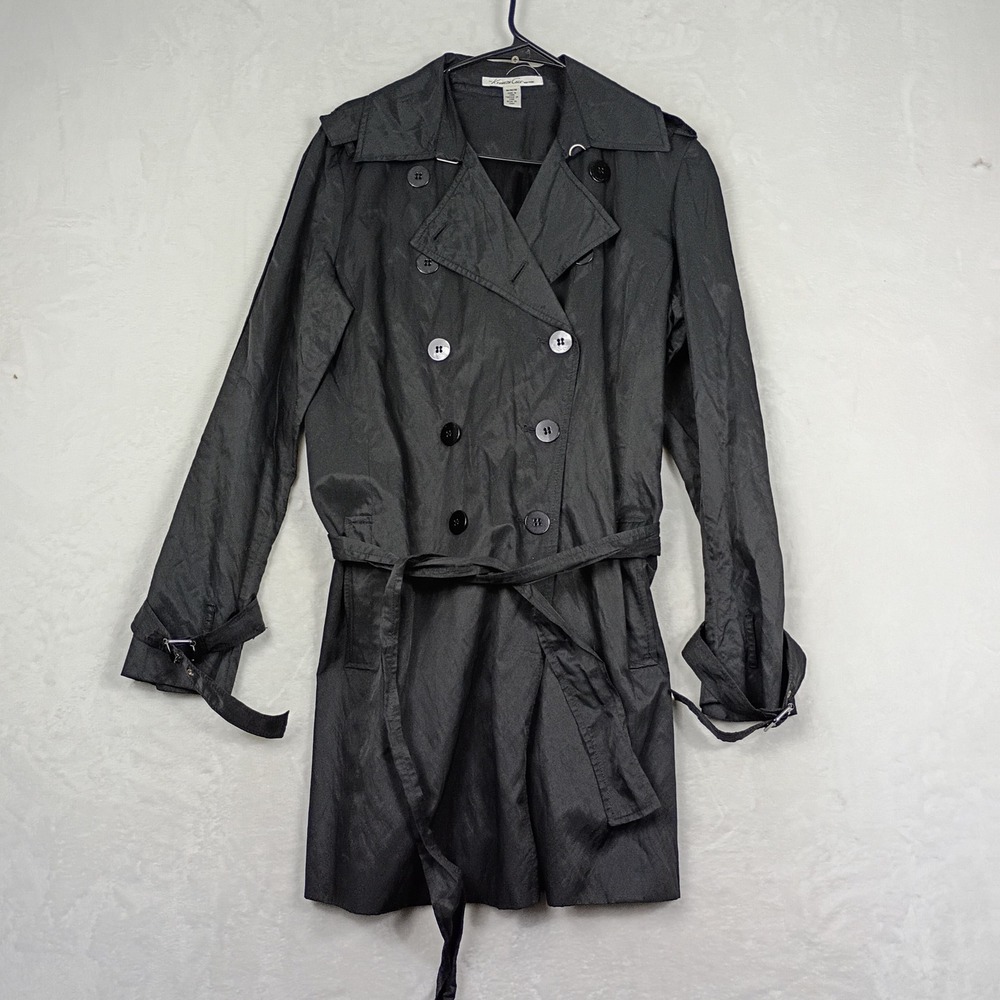 Kenneth Cole Trench Coat Womens Medium Black Belted Double Breasted Work Wear
